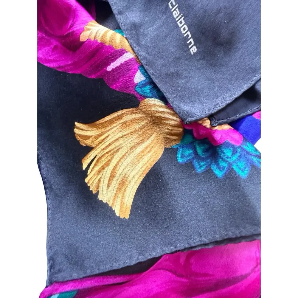 Vintage Liz Claiborne 1990s Silk Jewel Tone Tassel Medallion Scarf 31 x 31